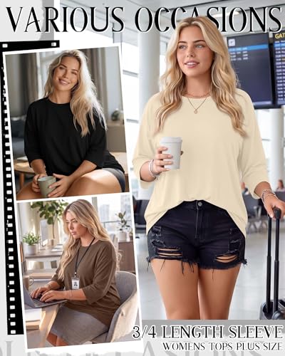 Image of Locoowai 3 Pack Women Plus Size Tops 3 /4 Sleeve Cotton Crew Neck Oversized T Shirts Loose Fit Tee Tunic Casual Blouse