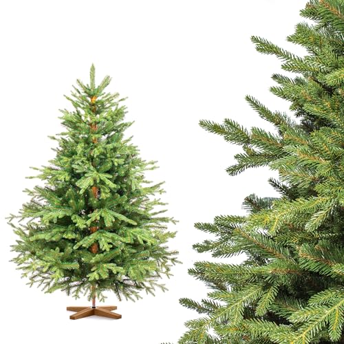 FairyTrees Árvore de Natal artificial 150 cm Alpino Premium com suporte de madeira | Árvore artificial com elementos realistas moldados por injeção | Fabricado na UE
