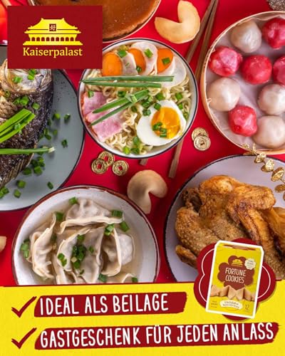 Kaiserpalast Glückskekse, knuspriges Süßgebäck als Snack oder Geschenk, einzeln verpackt in roter Folie, mit deutschem und englischem Spruch, vegan, halal, 12 Stück à 6 g (1 x 72 g)