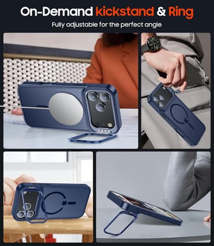Image of Elzzi Translucent Matte Case for iPhone 17 Pro Max, Built-in Adjustable Kickstand Camera Stand Translucent Magnetic MagSafe Phone Cover (Navy)
