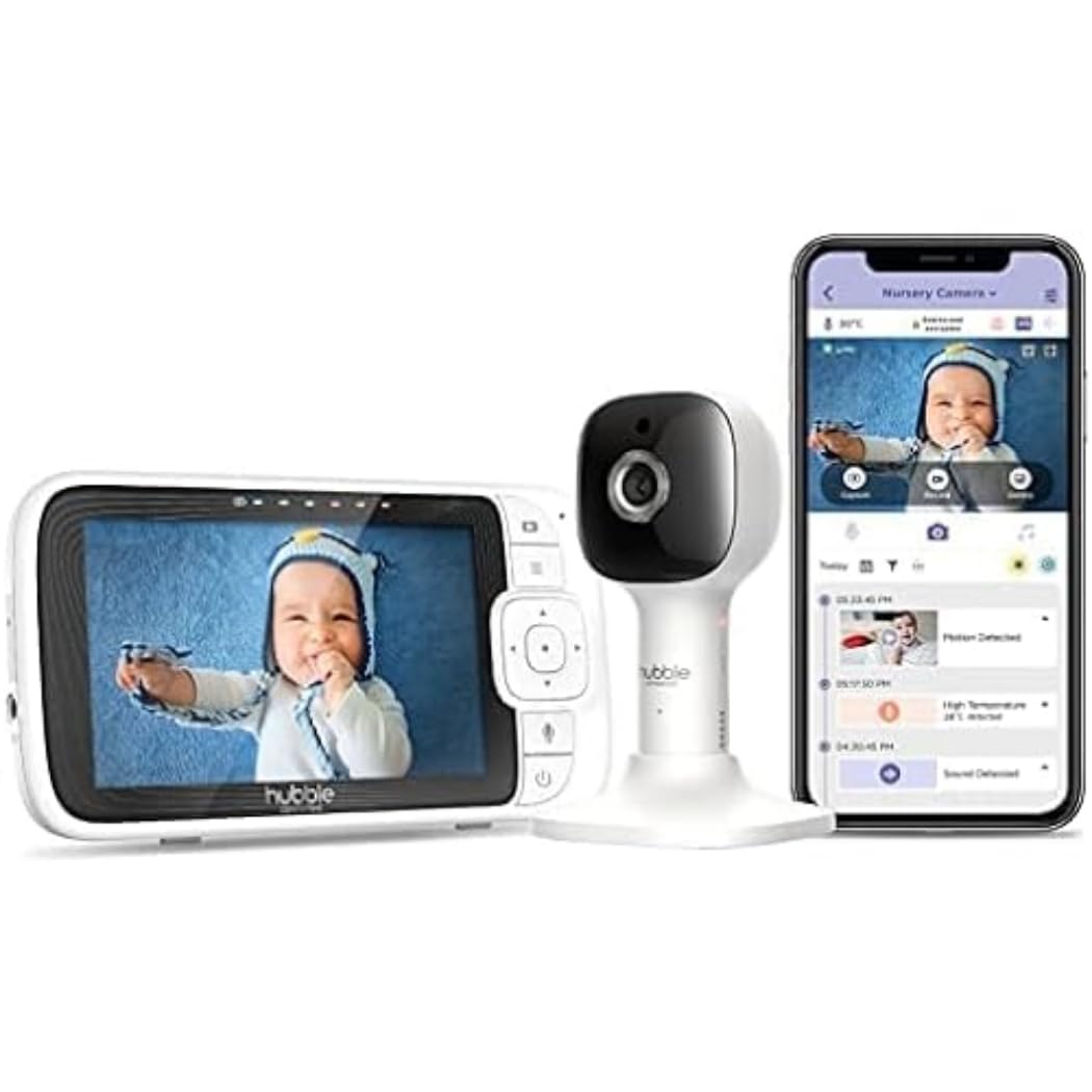 Hubble Connected Nursery Pal Cloud Babyphone caméra connecté avec écran 5 pouces, veilleuse 7 couleurs, vision nocturne infrarouge, capteur de température ambiante et application mobile