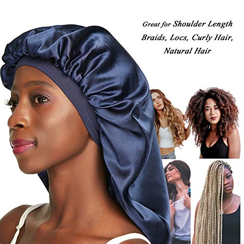 Awefeel Doppelschichtige Satin-Schlafhaube für langes Haar, Zöpfe, Dreadlocks, lockiges Haar - Blau - Medium
