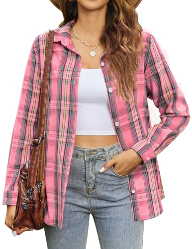 Zeagoo Womens Flannel Shirts Long Sleeve Button Down Flannels Dressy Plaid Shirt Oversized Shacket Top