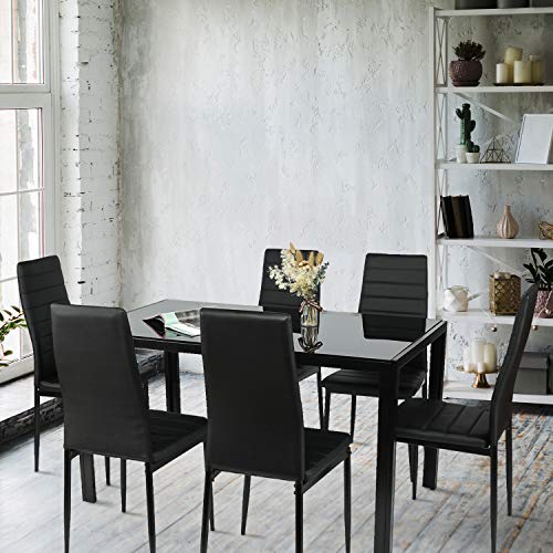 BAHOM 7 Piece Kitchen Dining Table Set for 6, Glass Table and PU Leather Chairs Set of 6 for Breakfast (7 Pieces)