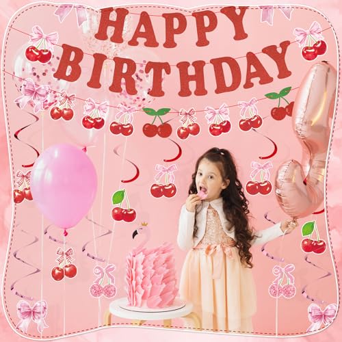 Image of 43 Pcs Cherry Party Decorations, Happy Birthday Banner with Hanging Swirls | Summer Fruit Theme Cherry Party Decorations for Wedding Birthday Bridal Shower Baby Shower