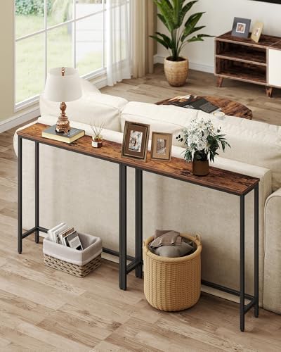 Image of VASAGLE BARNET Collection - Console Table, Thin Narrow Entryway Doorway Table, One Piece Top, for Hallway Bedroom, Steel Frame, Modern, 1 Tier, Rustic Brown and Ink Black ULNT035KD01S
