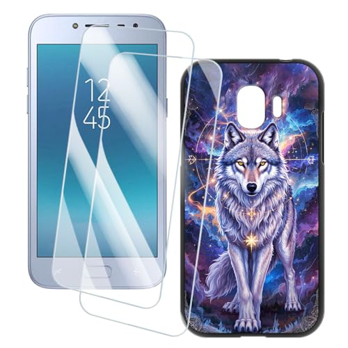 OAGELIM 2 Pack Screen Protector + Case Compatible with Samsung Galaxy Grand Prime Pro (5 inch) Case Artistic Cover and Tempered Glass Film Anti-Scratch (Wolf 2)