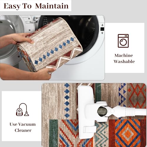 GarveeHome Vintage Living Room Rug 8x10 Beige Area Rugs Machine Washable Geometric Patchwork Carpet, Non-Slip Non-Shedding Foldable Tribal Floor Cover for Bedroom, Classroom, Dining Room, Kid Playroom