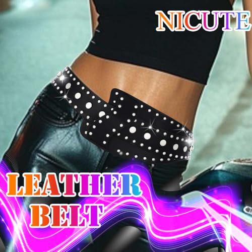 Nicute Rivets Wide Belts Black Leather Punk Waist Belt Fashion Chunky Dress Belt for Women3