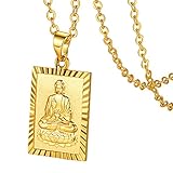 Gold Meditating Buddha Medallion Necklace for Men, Rectangle Buddhism Dog Tag Square Pendant With 20'+2' Chain Adjustable Lucky Amulet Protection Fengshui Jewelry for Women
