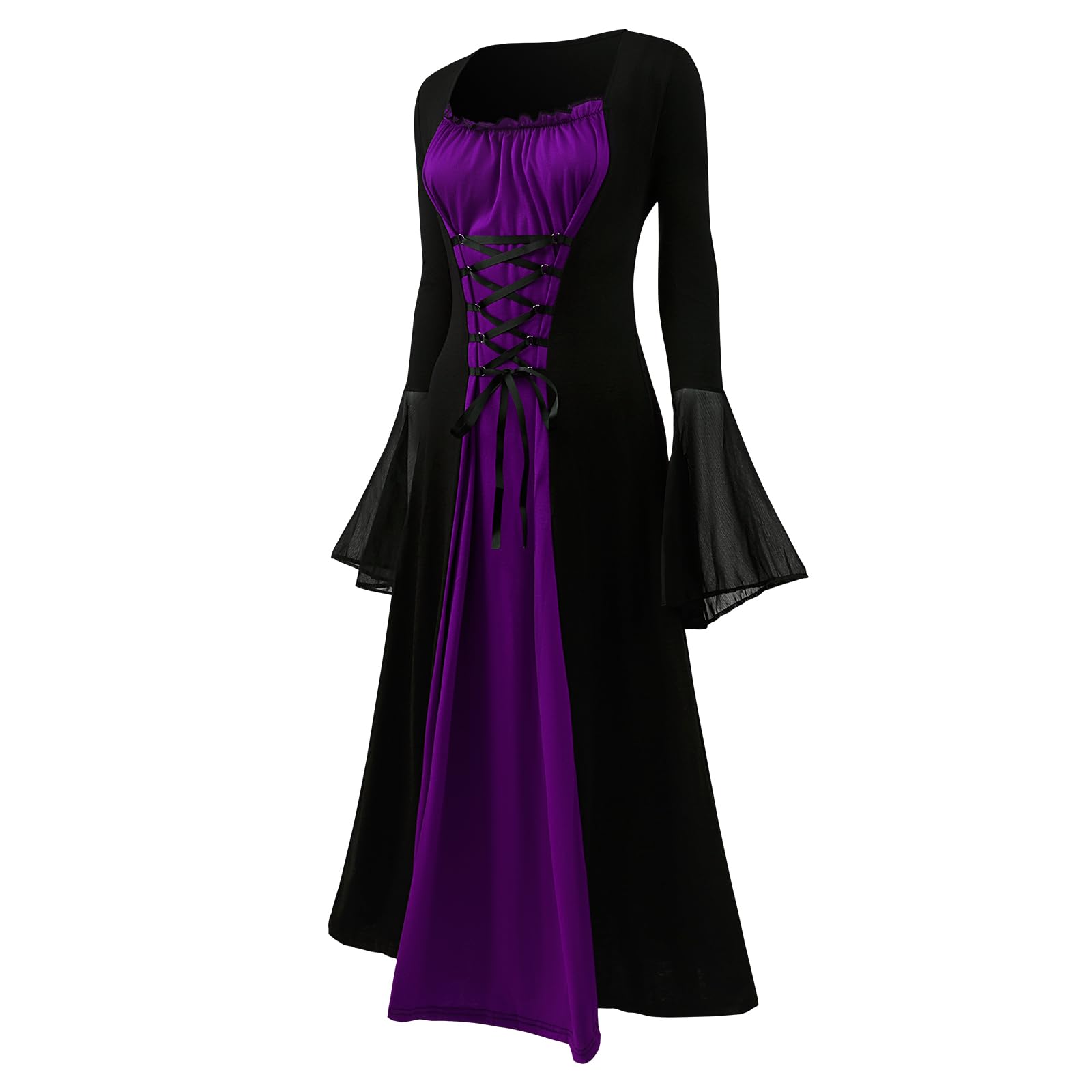 YRTBGD Renaissance Costume Women Medieval Dress With Trumpet Sleeves Gothic Dress Ladies Medieval Clothing Ladies for Halloween Carnival (Black and Purple - Image 2