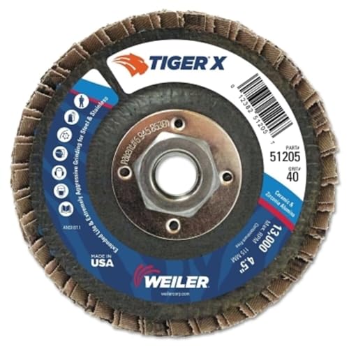 Image of Weiler 51205 Tiger x Flap Disc, 4 1 /2 in Angled, 40 Grit, 5 /8 in - 11 Arbor, Dark Gray, Type 29 5 /8 inch-11 Hub (Pack of 10)