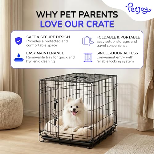 Image of PETJOY Foldable Metal Dog Cage | Dog Crate Kennel for Puppies, Small Dogs, Cats & Rabbits | Single Door with Secure Lock, Removable Leak-Proof Tray | Portable & Easy to Clean Pet Cage (Black, 18 INCH)