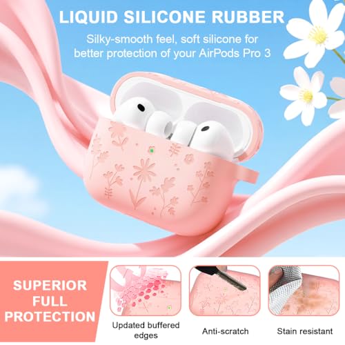 Image of ZORBES Compatible with AirPods Pro 3 Silicone Case, Pink Floral, Carabiner | Anti-Slip Grip, Anti-Scratch Protection, Silicone Shell, Carabiner Clip, Cleaning Tool, Charging Access