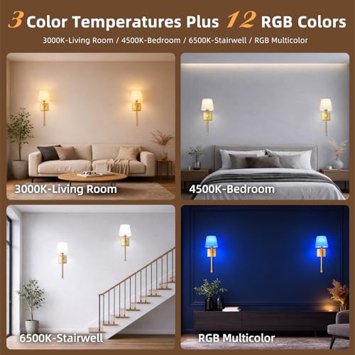 Image of Rechargeable Battery Operated Wall Sconces Set of 2, Gold Wireless Fabric Shade Wall Sconce with Remote Control, Dimmable RGB Color Changing Wall Lamp for Bedroom Living Room Hallway, 20.47 inch Tall