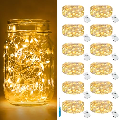 btfarm 12 Pack 3 Modes LED Fairy Lights Battery Operated 2M 20LED Mini String Lights Battery Powered IP65 Waterproof Silver Wire Small Fairy Lights Indoor Outdoor for Jars Christmas Party Bedroom