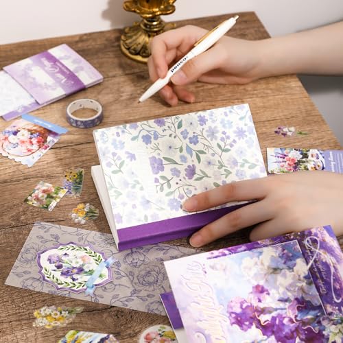 Image of WEMOL Vintage Journal Scrapbook Pack Kit for Art Journaling Bullet, Planners DIY Paper Stickers, Craft Kits Notebook, Collage Album Aesthetic Sticker (Purple Flower)