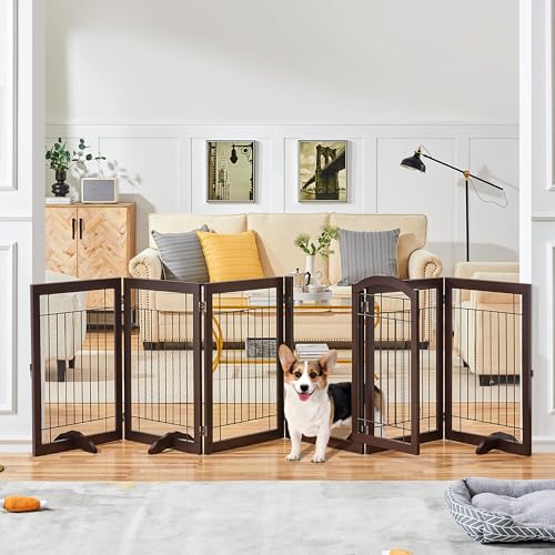 Image of Yaheetech 32 inchH 6-Panel Extra Wide Freestanding Dog Gate For Stairs Doorways | Sturdy Construction, Durable Support Feet, Tool-Free Setup, Fold Flat Barrier Ideal for Small /Medium Dogs, Espresso