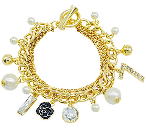 Fashion JewelryGold Charm Bracelet for Women – Fashion Layered Link Chain with Pearl, Rhinestone, Camellia and Lucky Charms – Trendy Gift Jewelry
