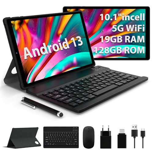 FASTWD Tablet 10 Pulgadas Android 13 Tablets PC 19GB RAM128GB ROM,FHD 1920 * 1200 incell,Tableta 5G WiFi 2.0 GHz,GPS,Google GMS,8000mAh,13+8MP,Face ID,Tablet con Teclado y Raton y Funda,Gris