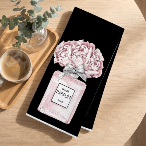 Image of 4 Pcs Black Fashion Hand Towels, Perfume Bow Decor Reusable Dish Towels