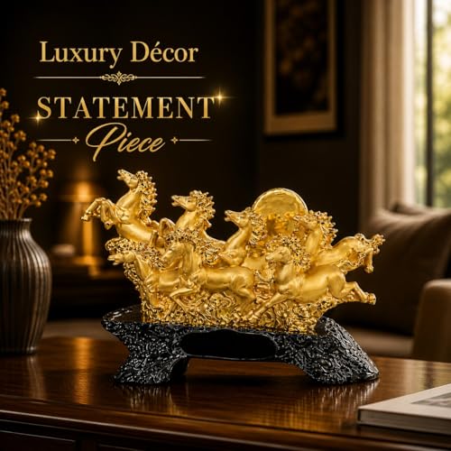 Image of Armonia Premium 7 Running Horses Statue for Home & Office Decor | Feng Shui & Vastu Showpiece |Polystone Golden Finish |11.81 x 8.66Inch| Lucky Wealth & Success | Figurine for Living Room,Hall & Shelf