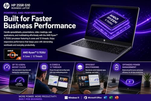Image of HP 255R G10 Business Laptop | AMD Ryzen 5 7535U | 15.6 inch FHD Display | 24GB DDR5 RAM | 512GB NVMe SSD | Windows 11 Home | MS Office | AMD Radeon Graphics | Dark Ash Silver | 1 Year Warranty