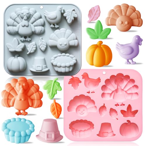 2 Pack Fall Thanksgiving Chocolate Molds Autumn Pumpkin Turkey Maple Leaves Silicone Molds Fall Candy Resin Baking Mold Soap Mold for Halloween Autumn Harvest Cupcake Cake Topper Dcor