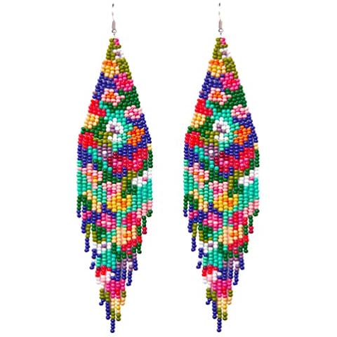 Luluping Long Beaded Dangle Earrings – Boho Native Handmade Seed Bead Tassel Zinc Earrings for Women, Bohemian Large Statement Beaded Drop Fringe Earrings (Colorful AA) Cover