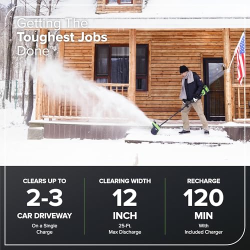 Image of Greenworks 40V 12in Brushless Snow Shovel with LED Light, Directional Chute Control, and Enclosed Battery Cover with 4.0Ah Non-USB Battery and 2A Single Port Charger