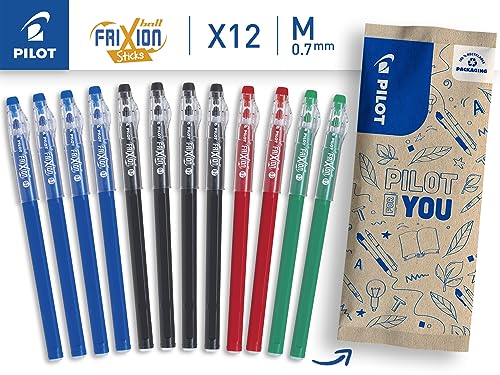 PILOT - 12er-SetFriXion Ball Stick - Gel-Tinte radierbar - 4 Blau, 4 Schwarz, 2 Rot, 2 Grün - Der FriXion Kugelschreiber - Für Federmäppchen - Schulartikel - Mittlere Spitze