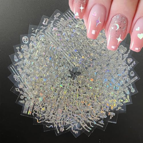 Image of MAYCREATE Aurora Moon Star Holographic Nail Art Stickers, 30 Sheets | Self-Adhesive Backing, Holographic Finish, Easy DIY Application, Moon and Star Designs, for Party Manicures and Acrylic Nail