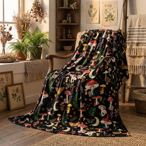 Horaldaily Mushroom Blanket Throw Seasonal Black Vintage Moths Soft Fuzzy Plush Faux Fur Cozy Blankets for Couch Sofa Bed Lounging Ideal Gifts for Kids Adults Wife Self 50x60