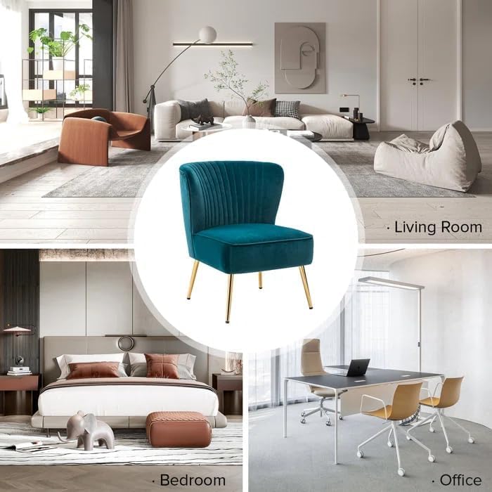 Image of Modern Upholstered Accent Velvet Chair Single Seater Channel Tufted Wing Back Chair with Golden Matel Legs for Living Room, Bedroom, Dining Room, Teal