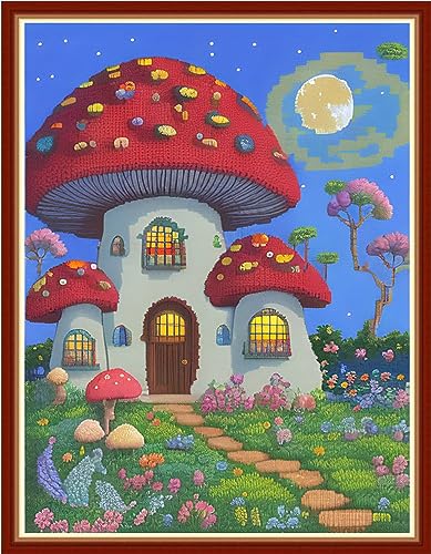 Image of Findvoor Stamped Cross Stitch Kits for Beginners Full Range of Cross Stitching Embroidery Pattern for Adults, 11CT DIY Needlepoint Embroidery Starter Kits-Mushroom Moon 15.7x19.7 inch