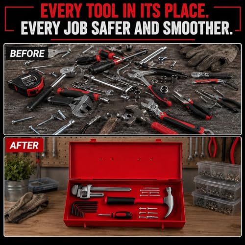 Image of PAHAL Metal Tool Box 12 x 4 x 4.5 Inch, Heavy Duty Steel Tool Storage Box, Durable Multipurpose Toolbox for Mechanic, Electrician & Home Use (Red, Portable, Empty)