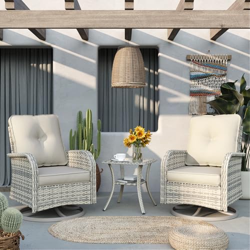 Muphyers Patio Rocking Swivel Chair Outdoor Wicker Rattan Bistro Set with Tempered Glass Side Table Outdoor Patio Furniture Set for Garden Deck and Balcony White