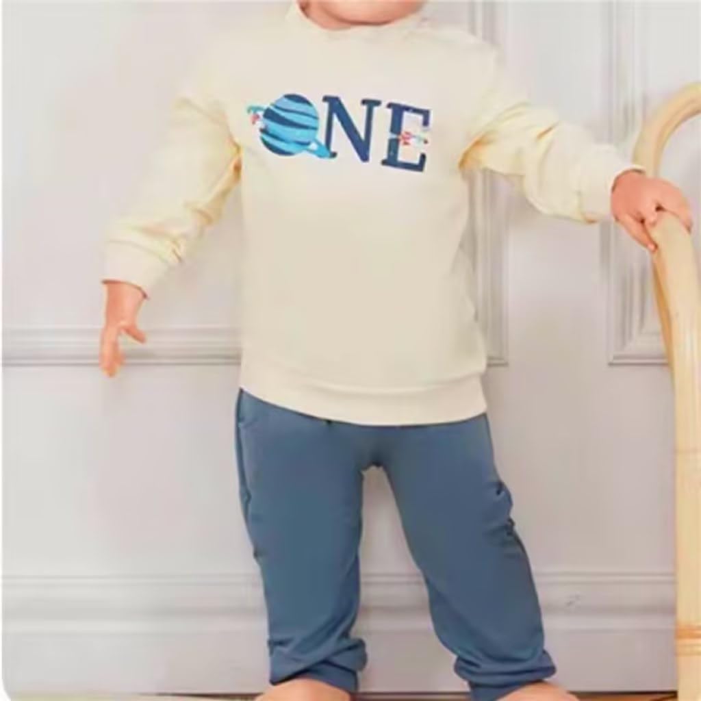 Lenjindjer Baby Boy First Trip Around the Sun Birthday Outfits Long Sleeve One Space Shirt Jogger Pants 1St Birthday Clothes (Blue, 12-18 Months)