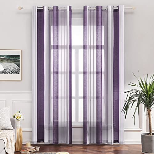 MIULEE Cortinas Salon Modernas con Rayas Blanco y Violeta, Bonitas Visillos Dormitorio Juvenil con Ojales, Translucidas Visillos para Ventanas Habitacion, Cortinas Salón 2 Piezas, 2X A140xL215CM