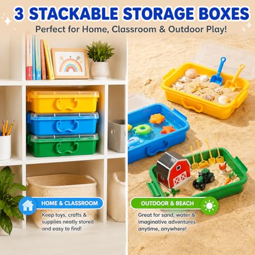 Image of Sensory Bin with Lid for Toddlers 3 Pack 12.8 in, Stackable toy bins | Carolart Durable Plastic Sandbox for crafts, easy stack activity containers for sand, crafts, puzzles and toys