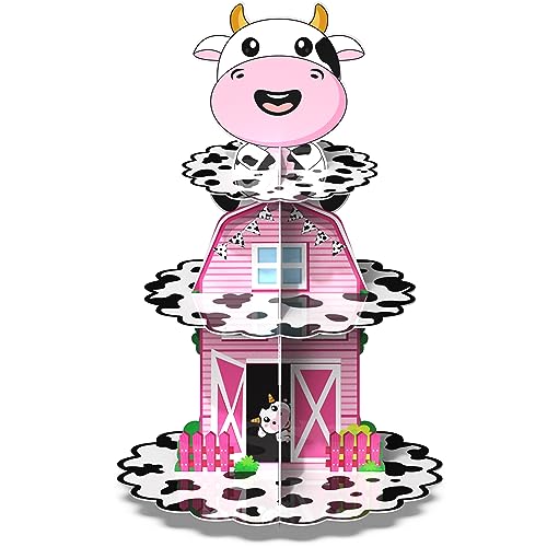 Holy Cow I'm One Birthday Decorations - 3-Tier Cow Print Cardboard Cupcake Stand for 1st Birthday Party, Farm Animal Cupcake Holder with La Vaca Lola Theme, Baby Shower & Cowgirl Party Supplies