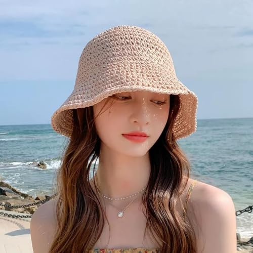 Image of Womens Floppy Straw Sun Hat Packable Wide Brim Summer Beach Hat Foldable Crochet Bucket Hats