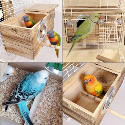 Image of kathson Parakeet Nesting Box,Wooden Cockatiel Breeding Mating Boxes,Parrots Nest House Hut for Cage,Bird Nesting Box for Budgie,Conure,Canary,Finch and Small Medium Birds, L