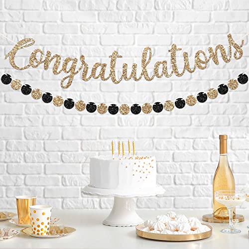 Image of Pre-strung Congratulations Banner - Gold Glitter Congratulations Banner | No DIY - Pre-strung Garland on 6 ft Strands - Black & Gold Graduation, Wedding, Retirement Party Decorations & Decor