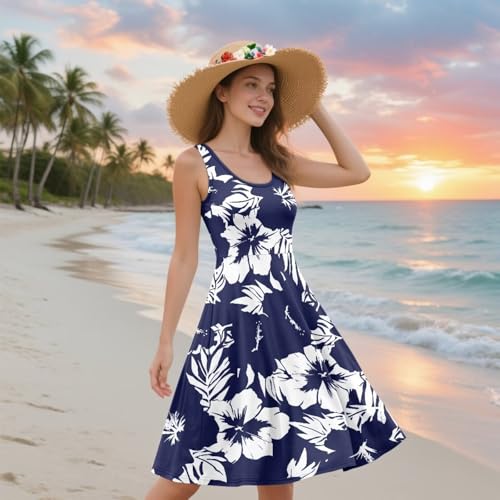 Image of Women Stylish Tank Dresses Sleeveless Round Neck Midi Casual Dress with Pocket for Summer