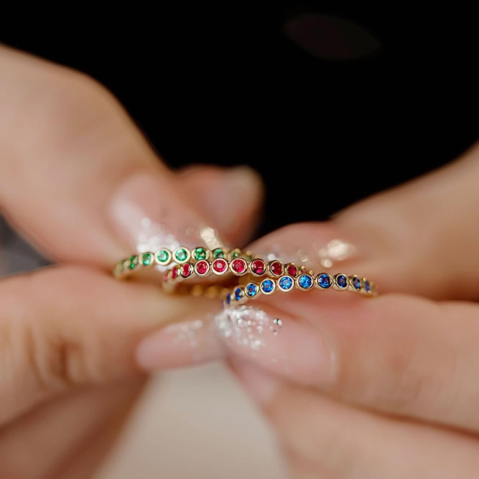 14 Karat Gelbgold Ring Frauen Saphir Dunkelblau, Ring Für Freundin Rund mit Künstlichem Saphir/Rubin/Smaragd