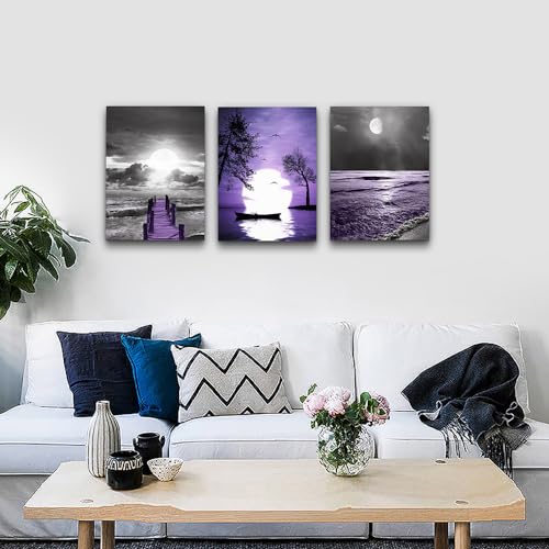 DZRWUBHS Frame Wall Decor For Living Room Inspiration Canvas Wall Art For Bedroom Office Decorations Black And White Wall Pictures Artwork Purple ocean Landscape Painting Modern Large Home Decor