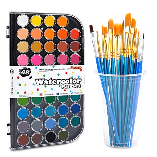 58 Pack Watercolor Paint Set, Shuttle Art 48 Colors Watercolor Pan with 10 Paint Brushes for Beginners, Artists, Kids & Adults to Watercolor Paint, Bullet Journal, Calligraphy Practice