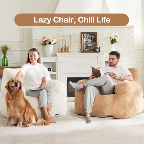 Image of Hobestluk Bean Bag Chair for Adult Small Bean Bag Chairs with Arms Furry Beanbag Chair with Foam Filler Stuffed Bean Bag Sofa for Reading in Bedroom Living Room and Dorms(White)