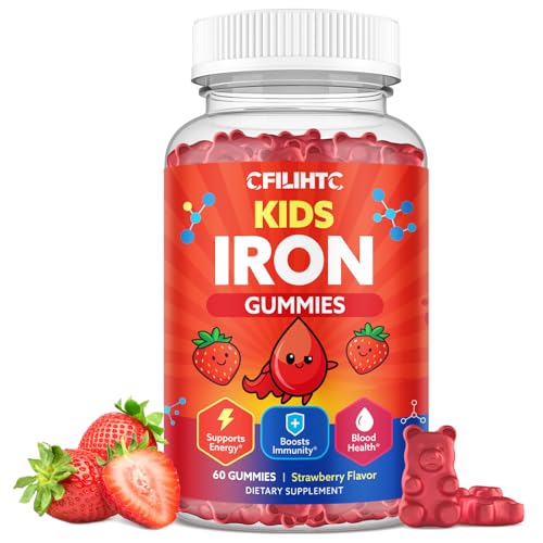 Iron Gummies for Kids & Teens Kids Multivitamin with Iron Supplement Calcium Folate Zinc Prebiotic - for Blood Builder & Energy Support Iron Deficiency - Vegan & Non-GMO - 60 Count Strawberry